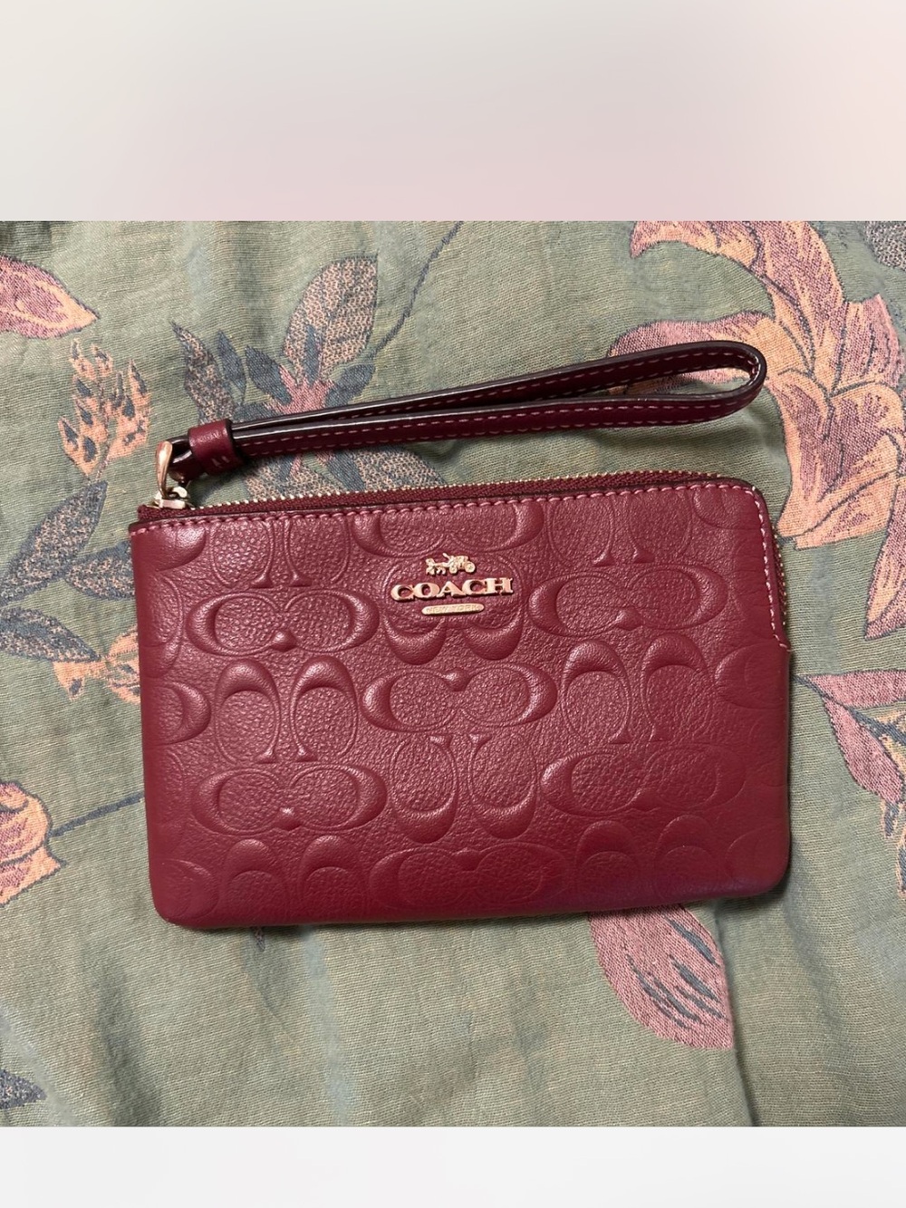 Coach Embossed Leather Wristlet in Burgundy
